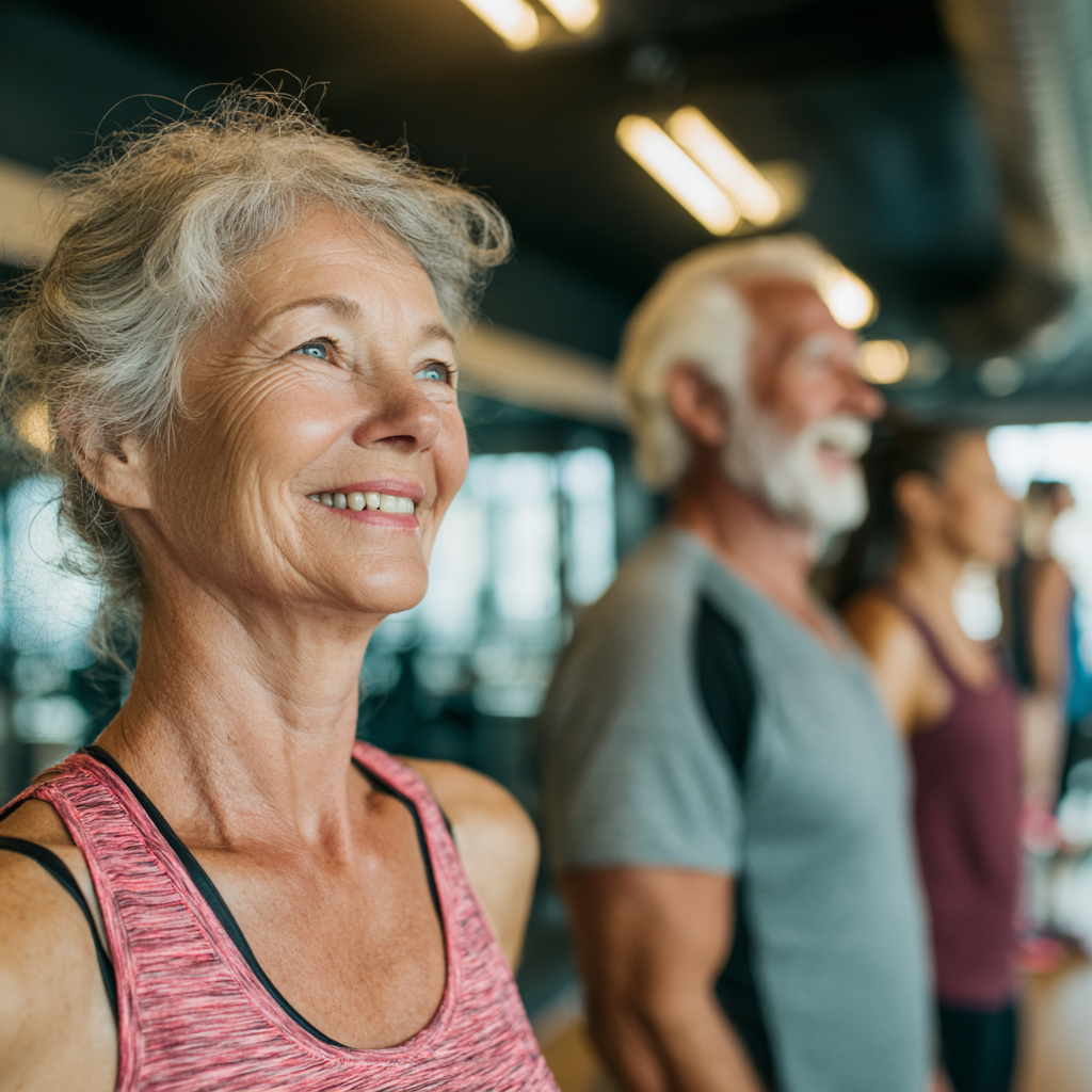 Senior adults enjoying fitness activities together in bright modern gym